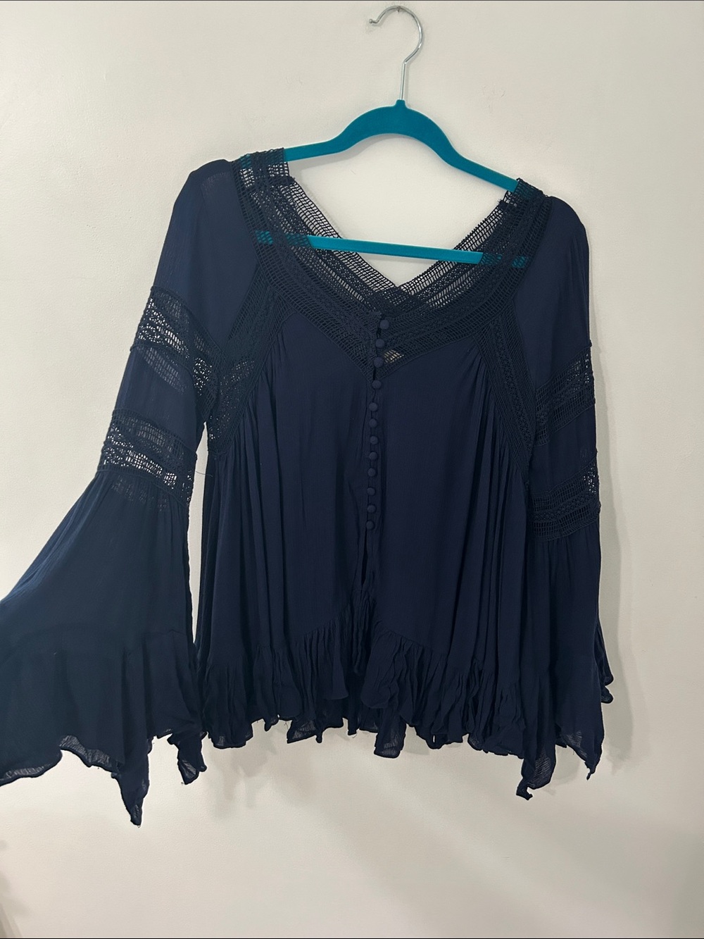 Altar'd State Navy Crochet Trim Boho Peasant Blouse Dramatic Bell Sleeve Size S
